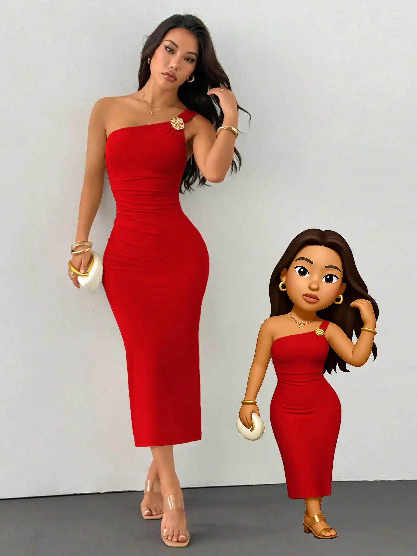 One Shoulder Ruched Fishtail Dress With Gold Brooch Asymmetric Neck Party Dress