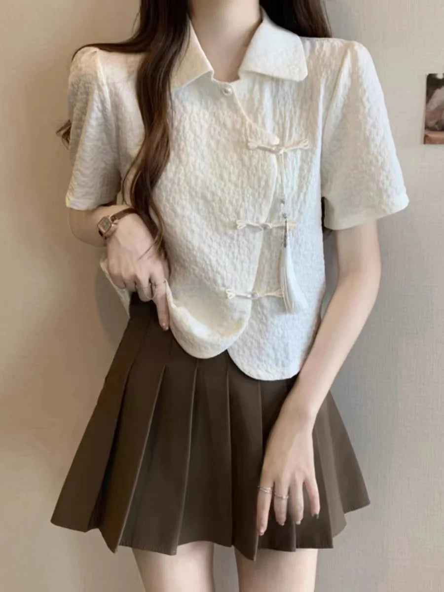 Chinese Style Shirts Women Buckles Apricot Short Sleeve Turn Down Collar Vintage Elegant Ladies Streetwear Stylish Chic Crop Top