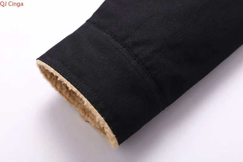 Winter Men's Blue Fleece-Lined Jacket, Stylish Casual Cotton Outerwear, Available in Army Green, Black, Khaki, and Dark Gray.