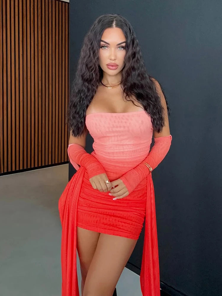 Weird Puss Sexy See Through Dress+Shawl Women Side Ribbon Ruched Coquette Skinny Midnight Clubwear Summer Vacation Party Bodycon