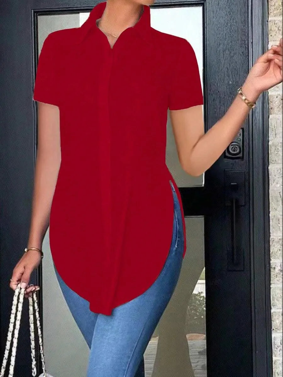 2024 Solid Button Front Shirt Casual Turn Down Collar Office Work Shirt Women's Clothing