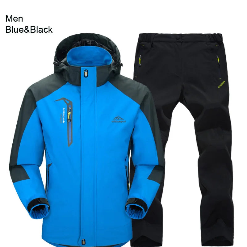 Outdoor Hiking Jacket and Pants Sets Men Autumn Thermal Waterproof Windproof Hooded Jackets Trip Mountain Camping Clothes