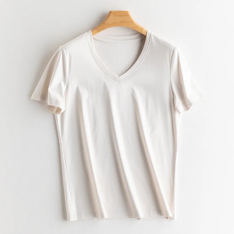 6% Real Silk Cotton Modal Women's T-shirt 2026 Summer Tees Short Sleeve Solid Tee Shirts V-neck Casual Woman Basic T shirt Tops