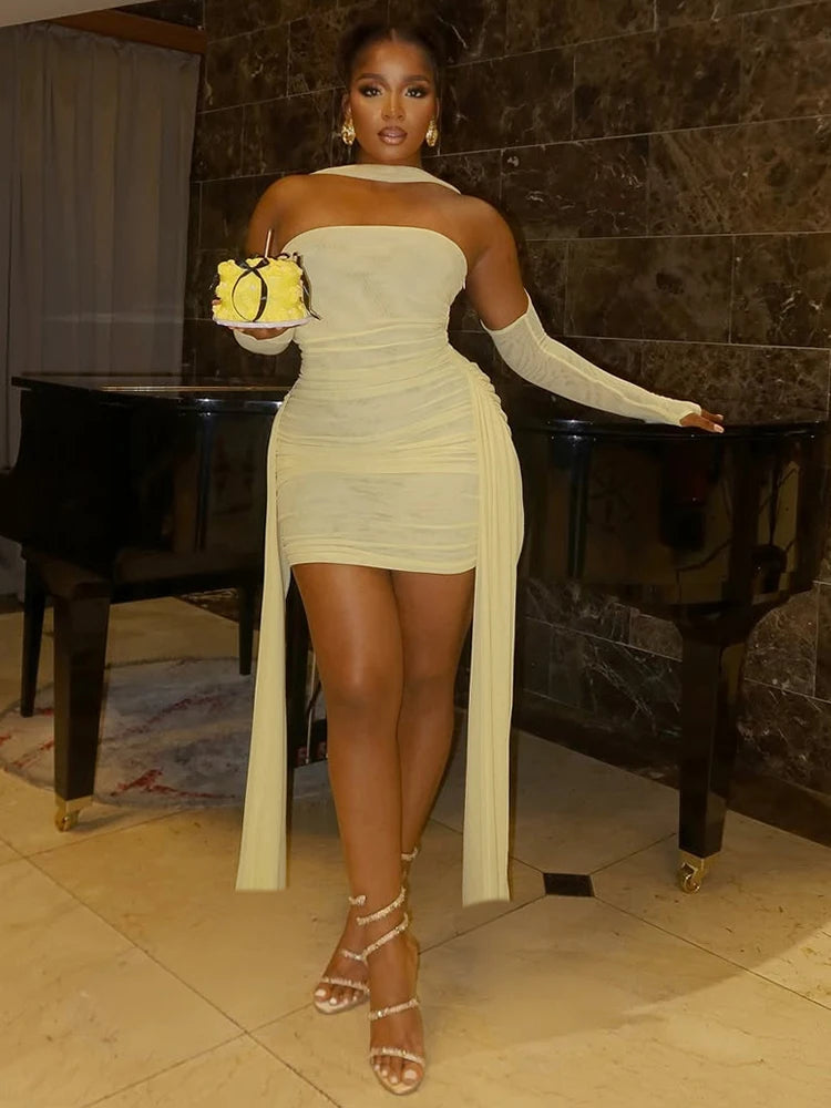 Weird Puss Sexy See Through Dress+Shawl Women Side Ribbon Ruched Coquette Skinny Midnight Clubwear Summer Vacation Party Bodycon