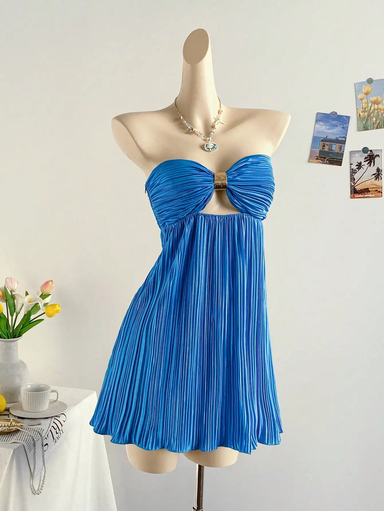 Blue Pleated Ruched Bandeau Mini Dress For Women Beach Party Vacation Outfit