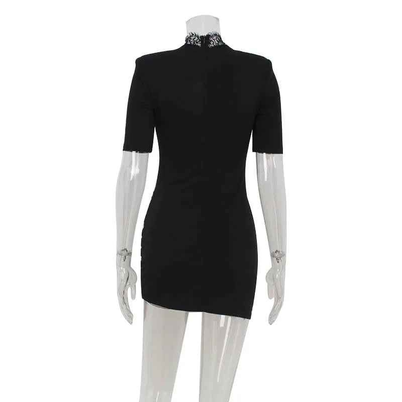 Lace Patchwork Hollow Out Bodycon Sheath High Collar Women Dresses Half Sleeves Outfits Sexy Club Fashion Female Mini Vestidos