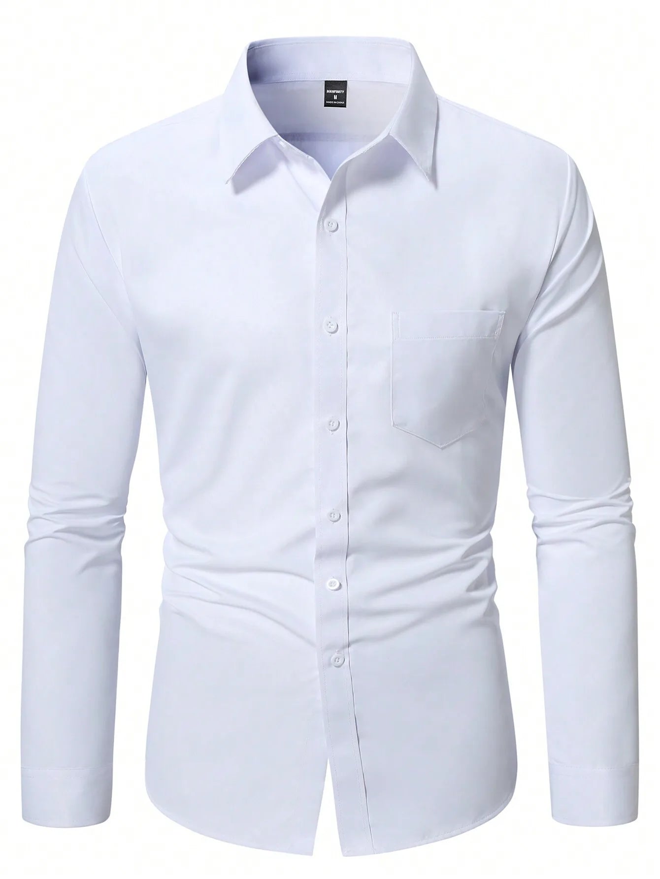Men's Slim Fit Plain White Long Sleeve Button Up Shirt with Chest Pocket for Business or Casual Wear