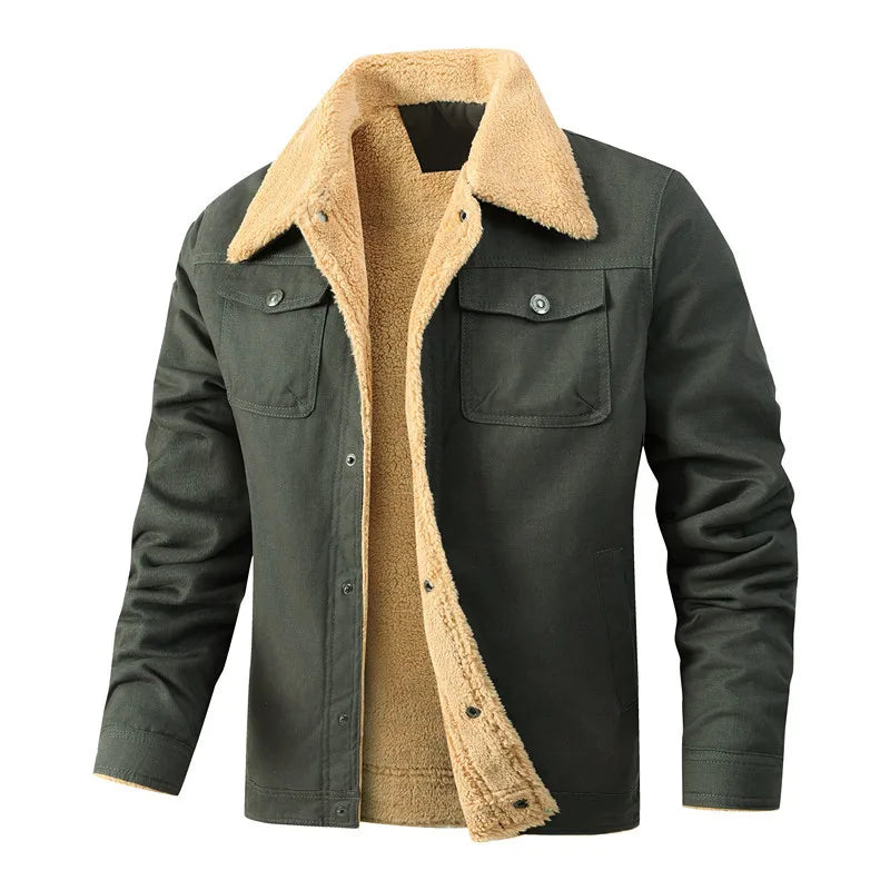 Winter Men's Blue Fleece-Lined Jacket, Stylish Casual Cotton Outerwear, Available in Army Green, Black, Khaki, and Dark Gray.
