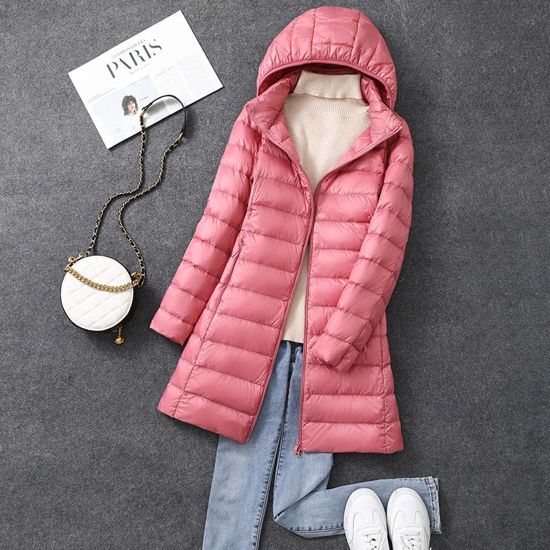 Women's X-long Office Lady Hat Detachable Puffer Jackets 2025 New Arrival Autumn Winter White Duck Down Warm Coat