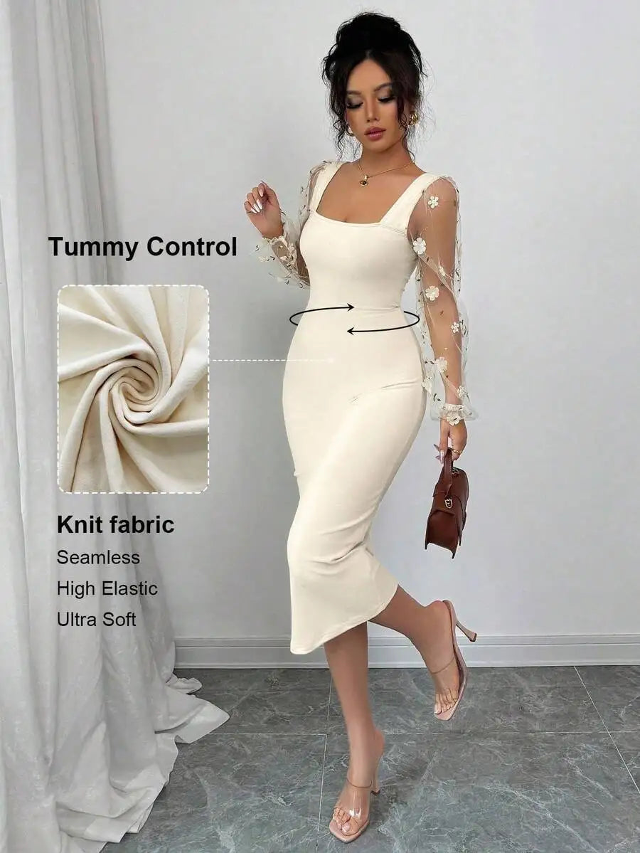 Square Neck Knit Bodycon Dress with Floral Mesh Sleeves, High Elastic & Tummy Control