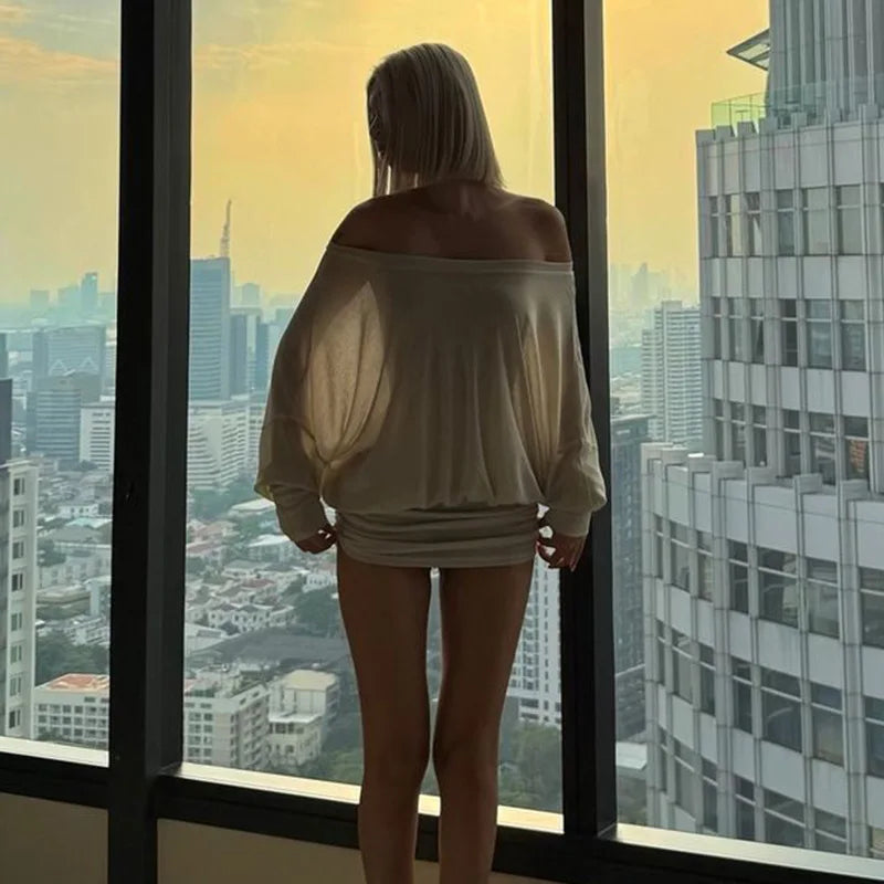 Cryptographic Fashion Off Shoulder Sheer Mini Dress Outfits for Women Hot Sexy Long Sleeve Ruched Party Dresses Bodycon Solid