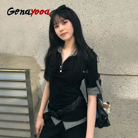 Genayooa American Retro Patchwork Shirt Women Half Sleeve Casual Shirts Y2k Vintage Fake Two Pieces Tops Japanese 2000s Tee Tops