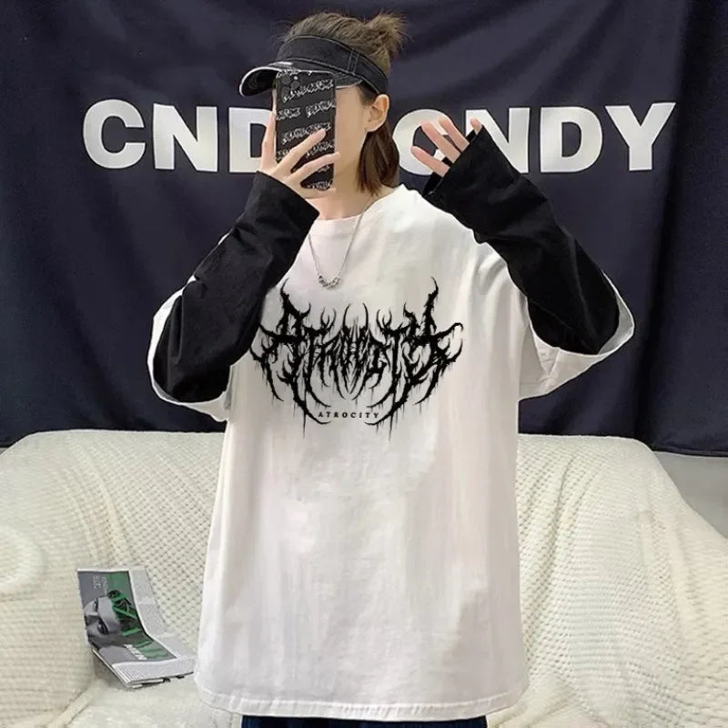 Women Atrocity Print Graphic Fake Two Long Sleeved T-shirts Fashion Gothic Retro Casual Loose Fake Two Long Sleeved T Shirt