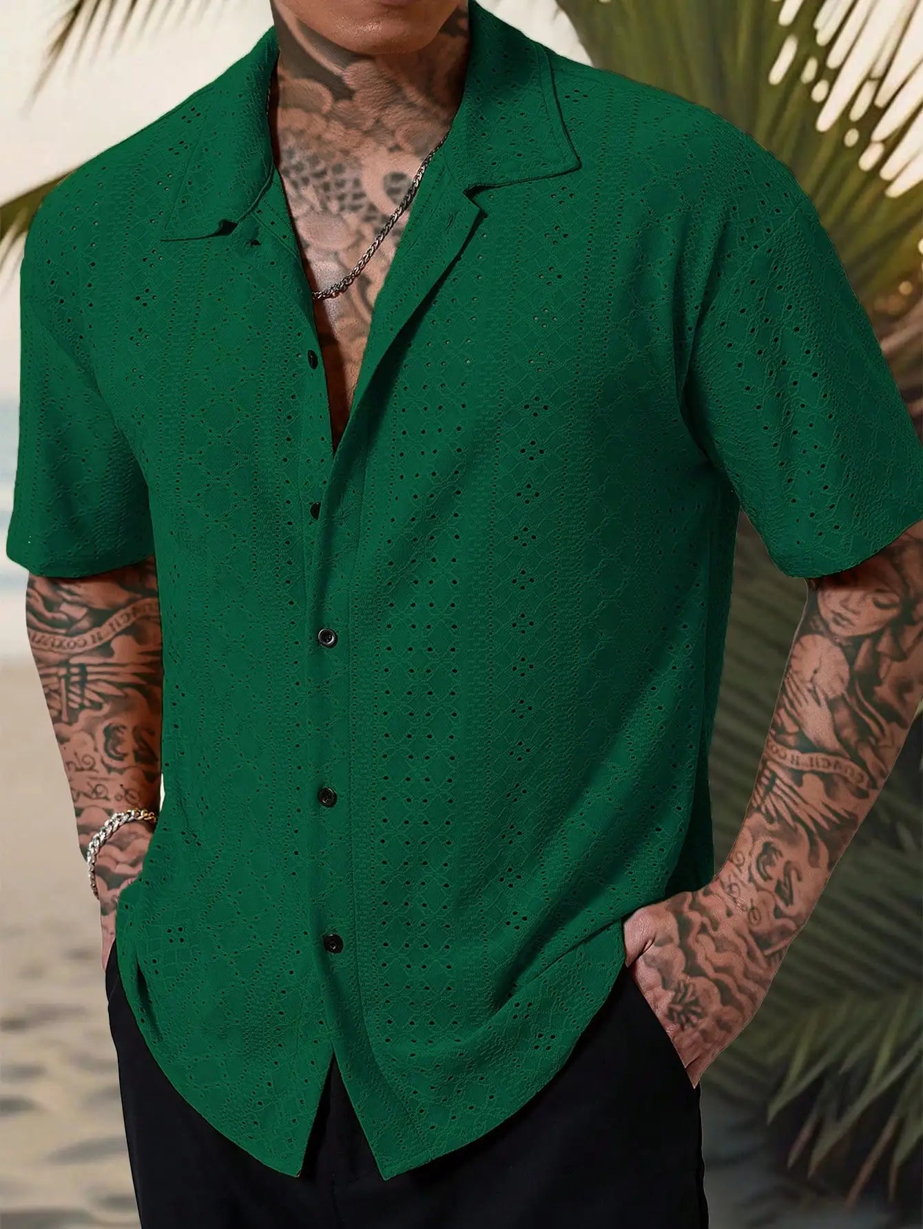 Men's Mustard Yellow Eyelet Lace Short Sleeve Casual Shirt, Loose Fit Button-Down for Beach & Festival