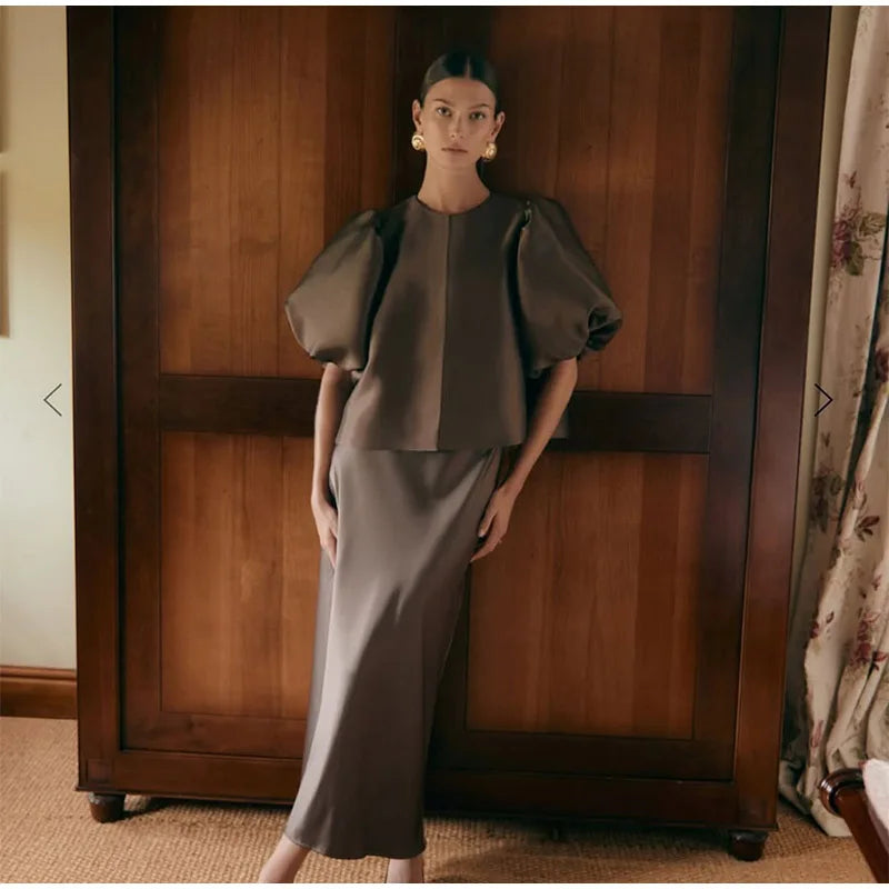 Spring Summer New Women's Fashion Casual Shirt Satin Bubble Sleeves Round Neck Loose Short Top Female Elegant Solid Blouses