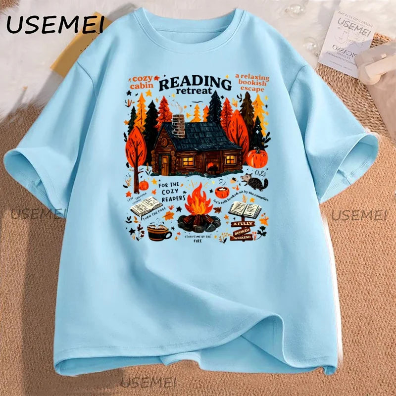 Cozy Cabin Reading Retreat T-shirt Fall Bookish Tshirt Autumn Cozy Readers Pumpkin Spice Book T Shirt Caual Cotton Short Sleeve