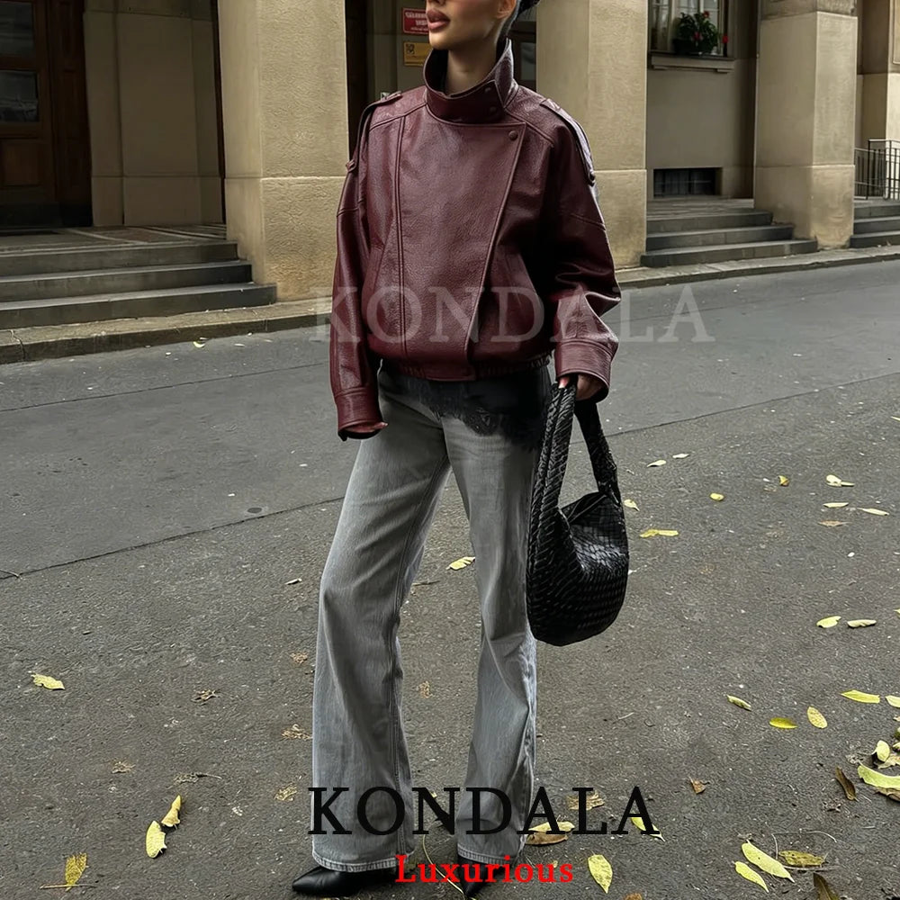 KONDALA Casual Chic Black Leather Jackets Women Long Sleeve Buttons Elastic Oversized Coats Fashion 2026 Spring Streetwear Coats