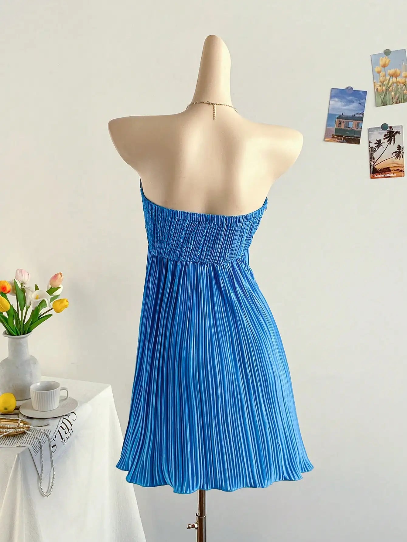 Blue Pleated Ruched Bandeau Mini Dress For Women Beach Party Vacation Outfit