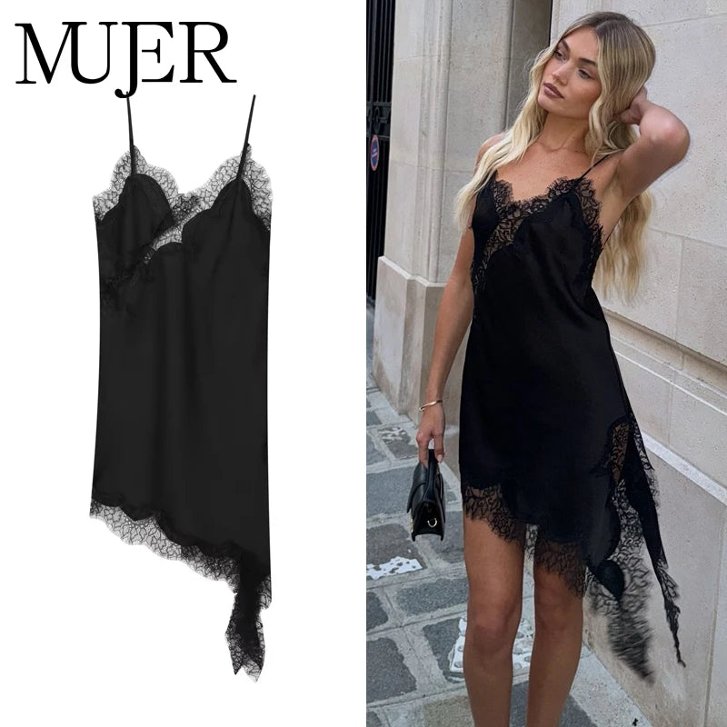 MUJER 2025 Lace Slip Dress Woman Black Backless Short Dresses for Women Asymmetric Party Women's Summer Dress Satin Sexy Dresses