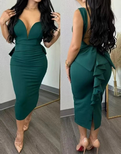 Dress for Women Streetwear Elegant Solid Color Hip Wrap Open Back Deep V High Waist Split Bodycon Dresses 2024 Spring and Summer