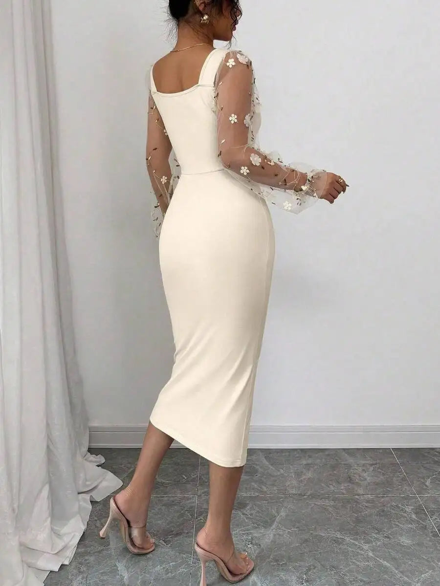 Square Neck Knit Bodycon Dress with Floral Mesh Sleeves, High Elastic & Tummy Control