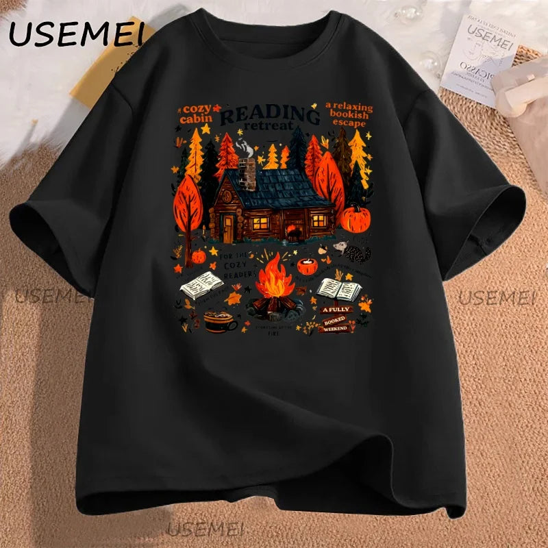 Cozy Cabin Reading Retreat T-shirt Fall Bookish Tshirt Autumn Cozy Readers Pumpkin Spice Book T Shirt Caual Cotton Short Sleeve