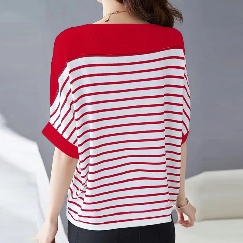 ZANZEA Elegant Striped Patchwork Blouse Women Half Sleeve Office Wear 2024 Summer T-shirt Fashion Loose Casual O-neck Tunic Tops