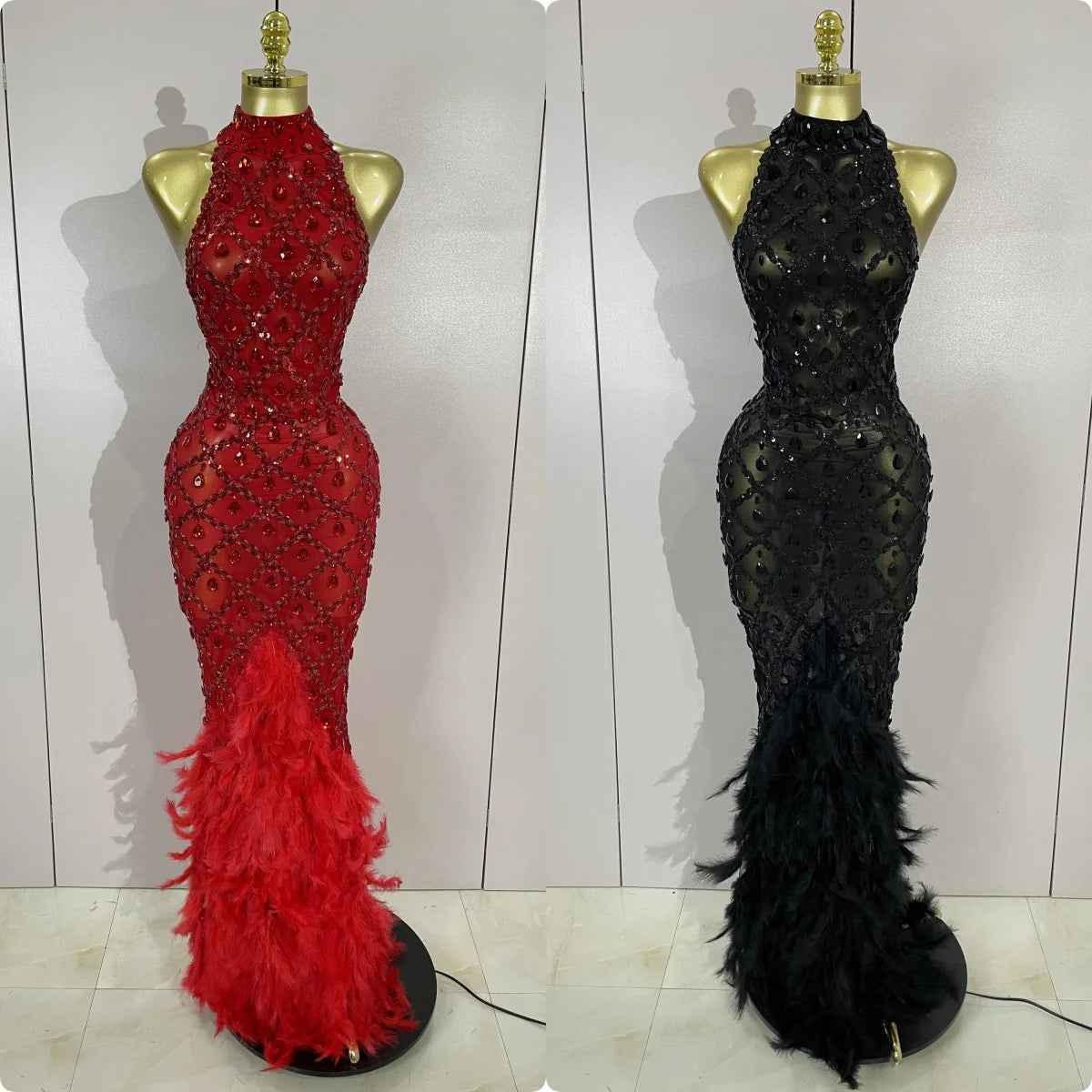 Luxury Sparkly Red Rhinestones Feather Sexy Mesh See Through Long Dress Women Birthday Evening Nightclub DJ Dancer Stage Costume