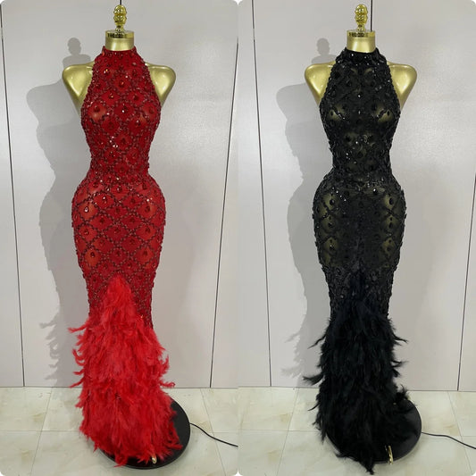 Luxury Sparkly Red Rhinestones Feather Sexy Mesh See Through Long Dress Women Birthday Evening Nightclub DJ Dancer Stage Costume
