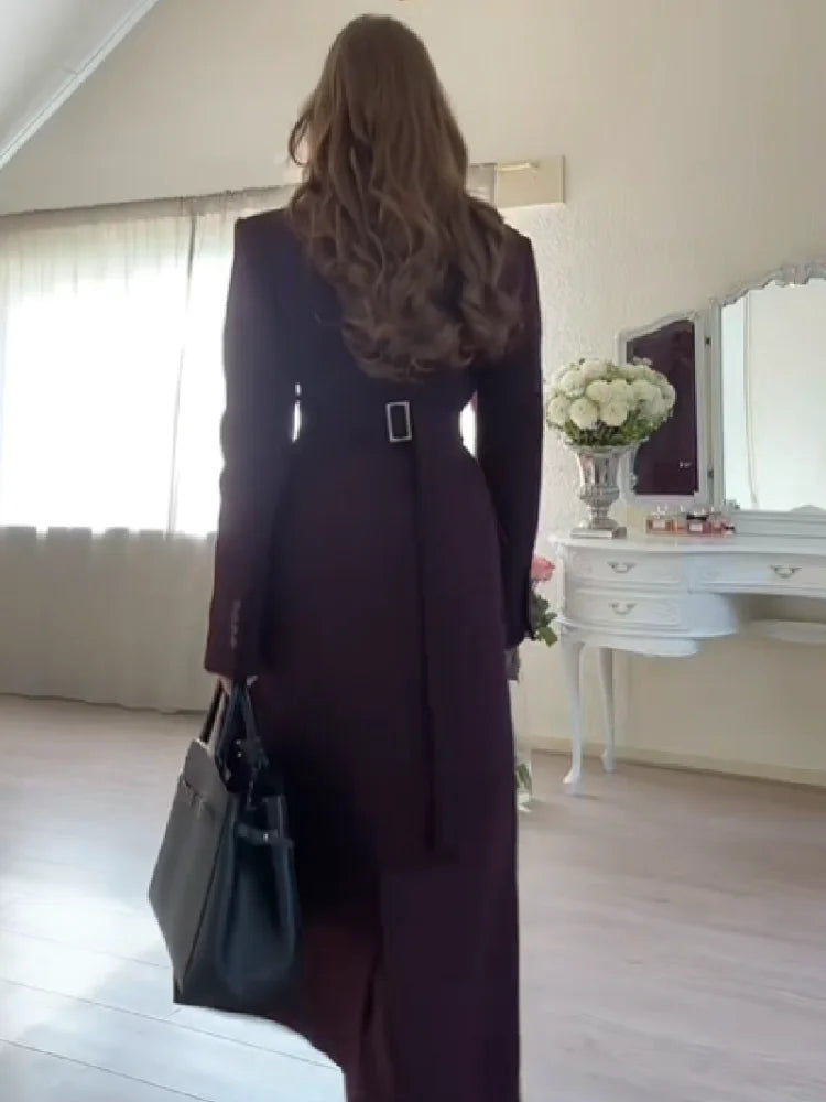 Women's Long Coat Slim V Neck Single Breasted Overcoats Shoulder Pad Maxi Jackets with Belt 2025 New Winter Lady Commute Outwear