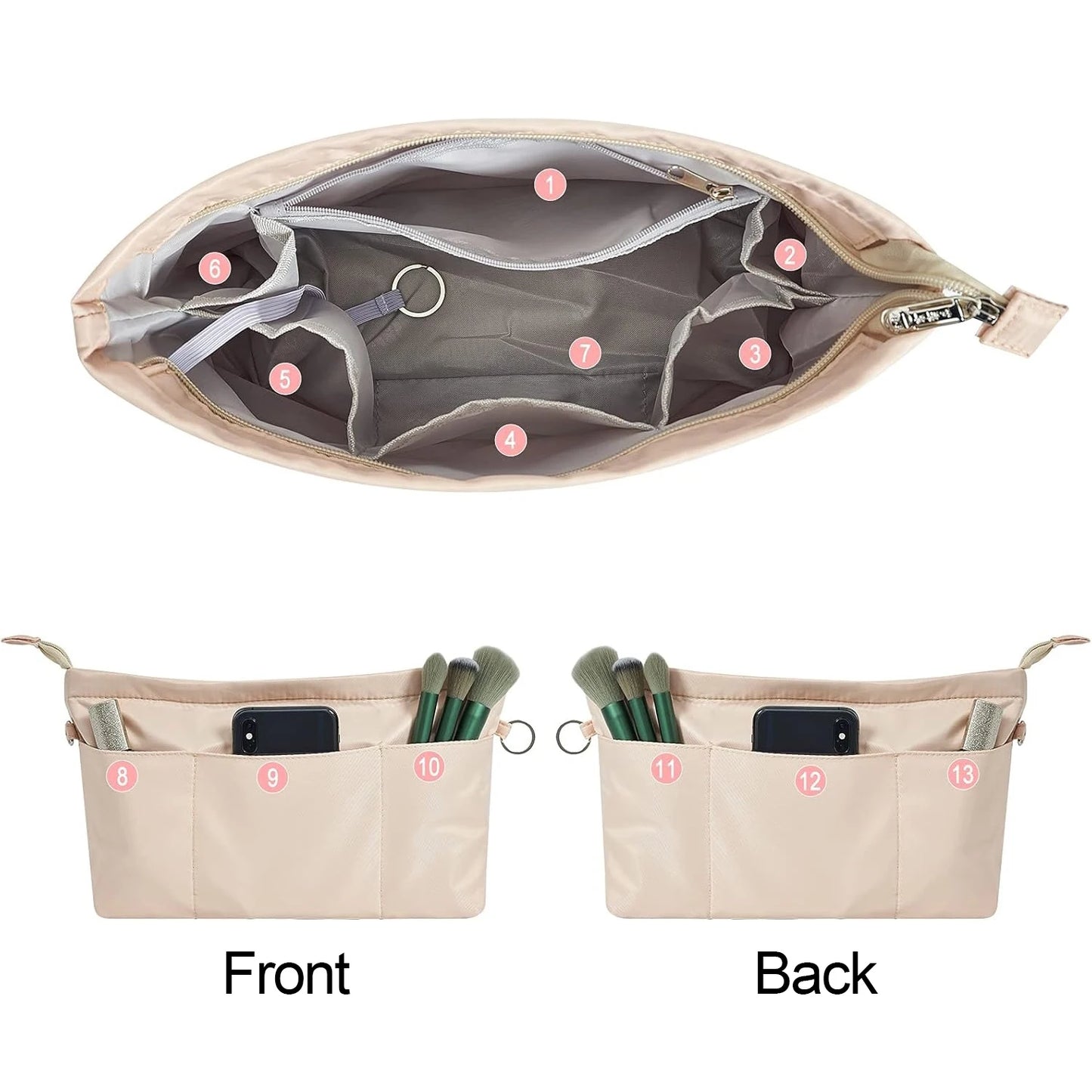 Premium Nylon Purse Organizer Tote Handbag Insert Organizers Bag in Bag Zipper 13 Pockets 4 Sizes