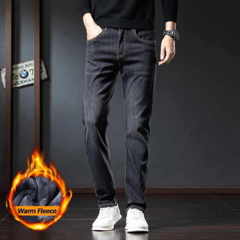 2025 Winter Fleece Jeans Men's Fashion Elastic Slim Straight Warm Trousers Thicken Business Casual Korean Thermal Denim Pants