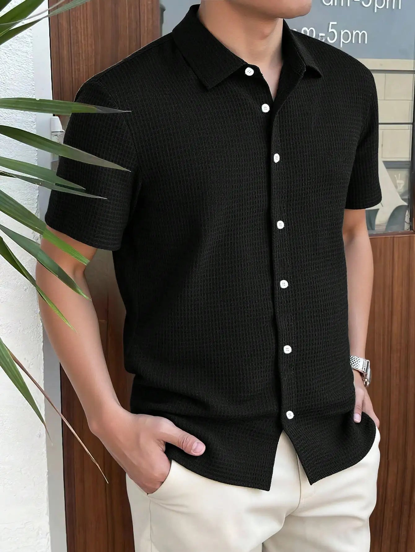 Men's Dark Green Waffle Knit Short Sleeve Button-Down Shirt Casual Spring Summer