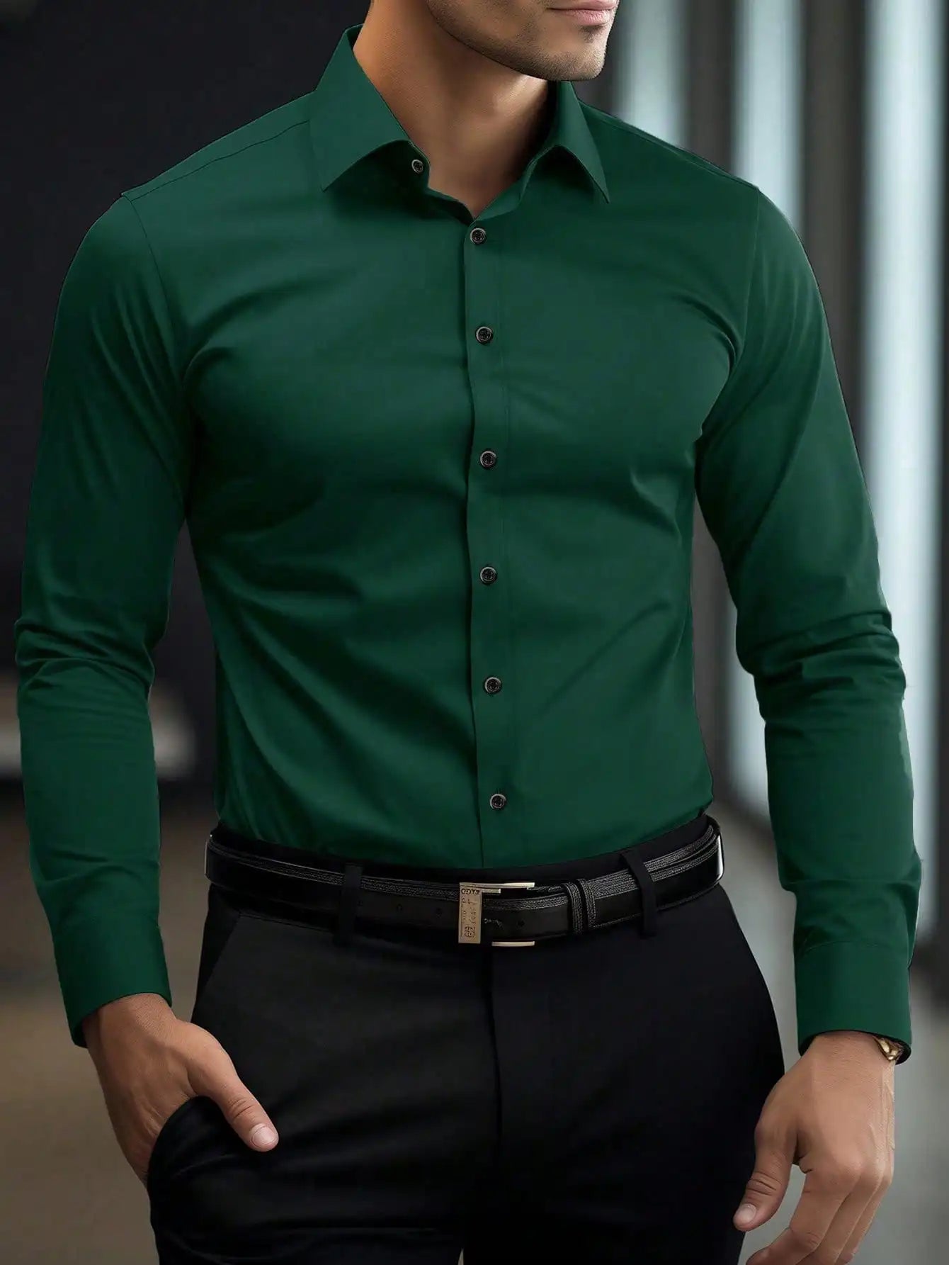 Men's Slim Fit Solid White Long Sleeve Button-Up Shirt for Business Casual Wear