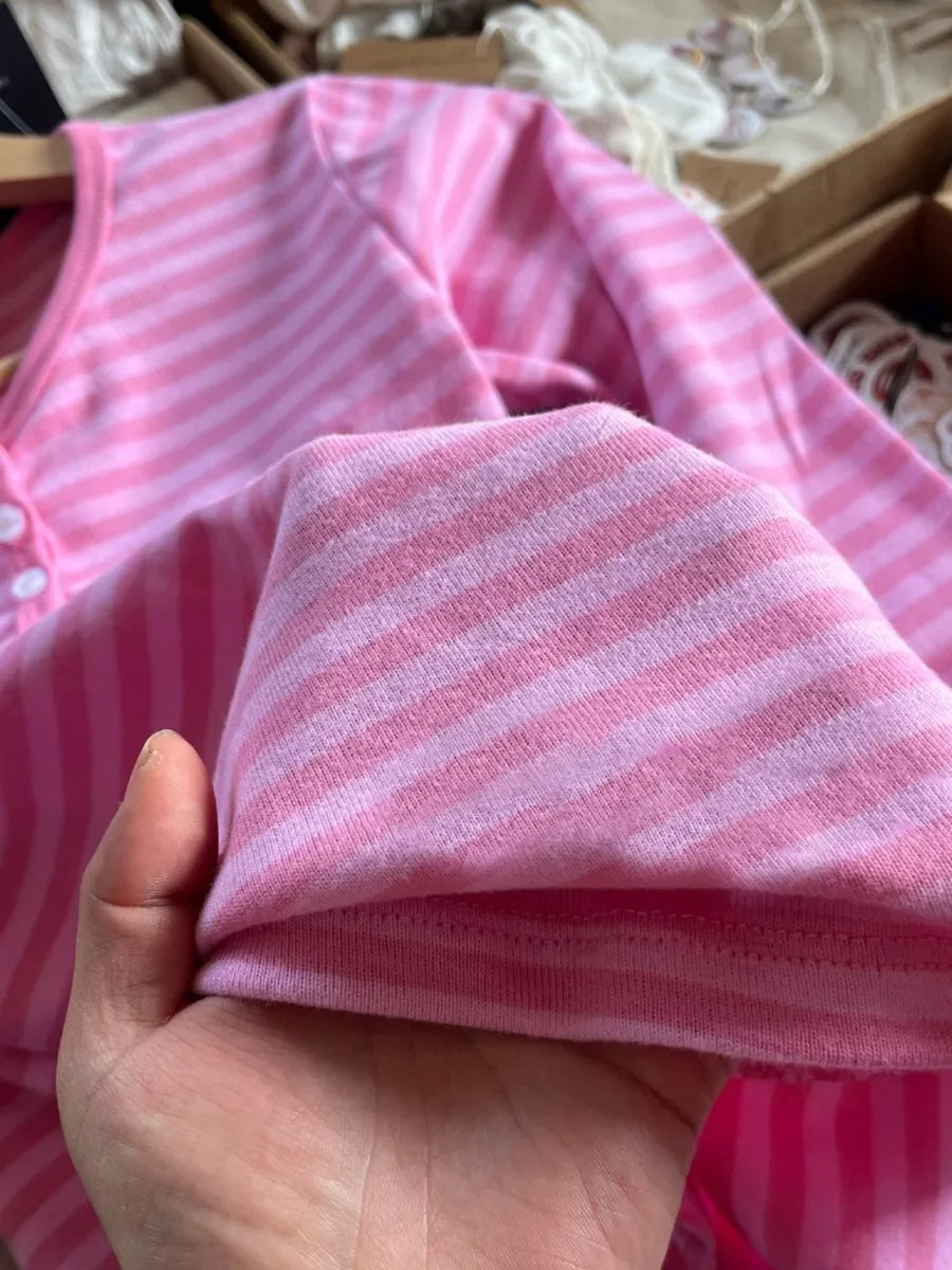 Pink Striped Slim Long Sleeve Tees Women Spring Casual Cotton O-neck Tshirt New Tops Clothes Sweet Cute  Vintage T-shirts Y2K