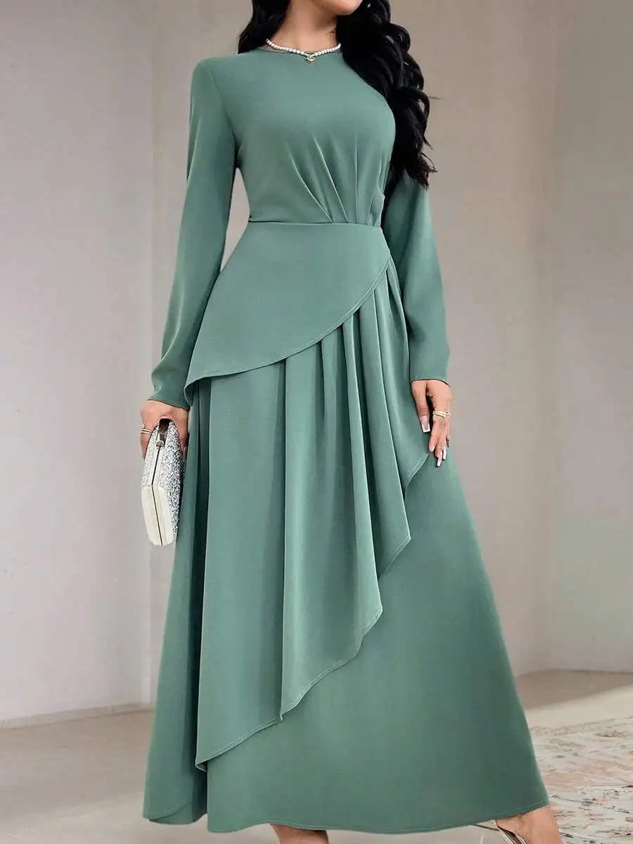 Women's Sage Green Round Neck Long Sleeve Asymmetrical Pleated Maxi Dress