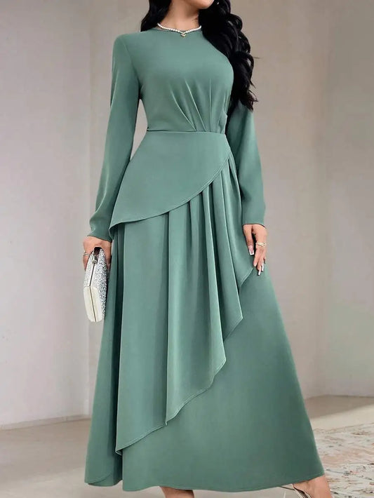 Women's Sage Green Round Neck Long Sleeve Asymmetrical Pleated Maxi Dress