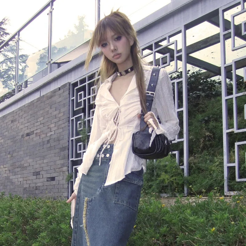 Karrram Y2k Aesthetics Pleated Shirt Fairycore Lace Up Blouse Trashy 2000s Style V-neck Shirt Irregular Japanese Harajuku 90s