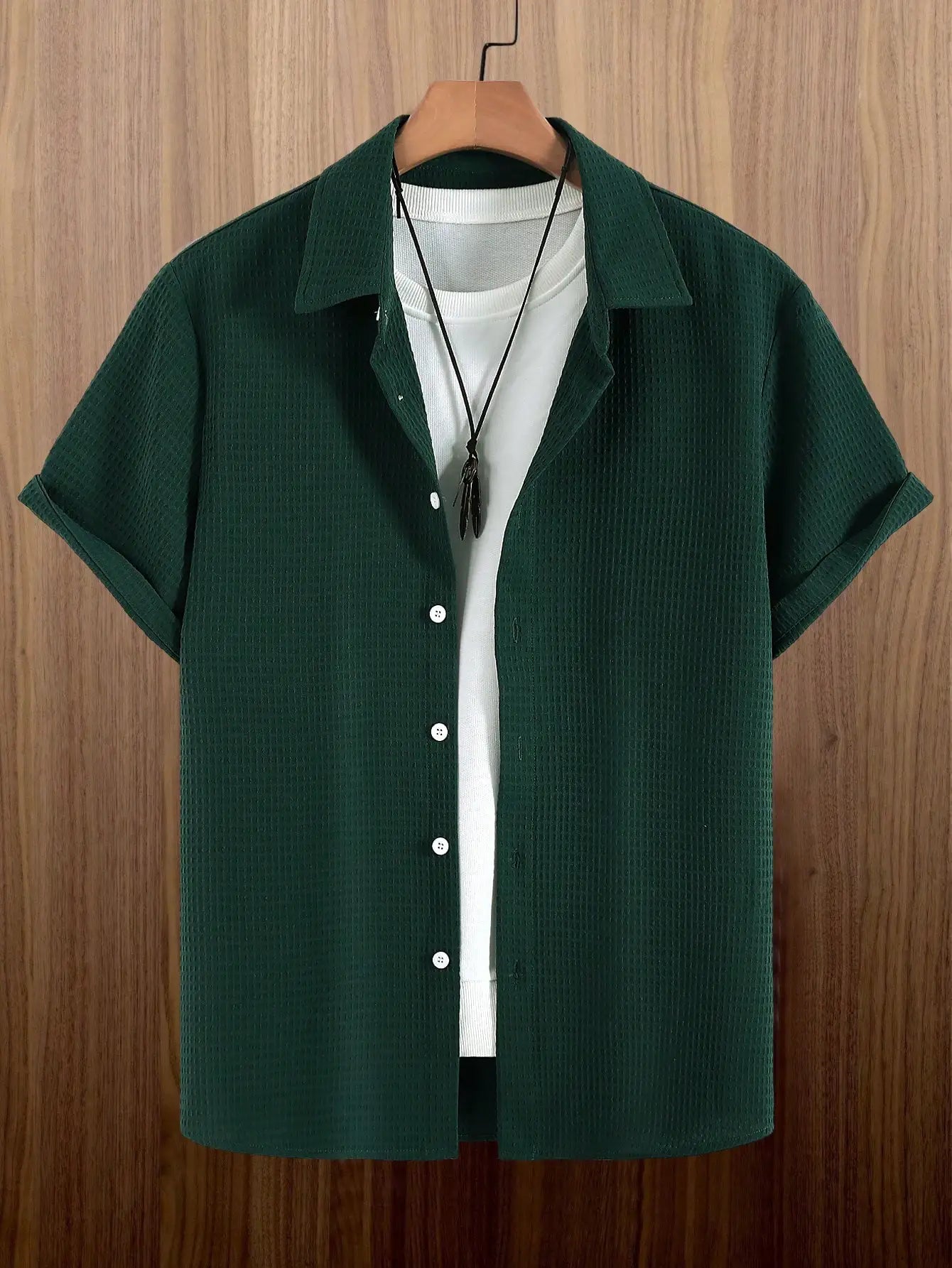 Men's Dark Green Waffle Knit Short Sleeve Button-Down Shirt Casual Spring Summer