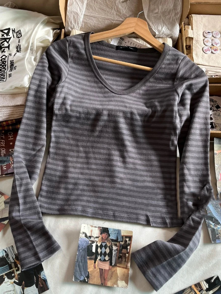 Pink Striped Slim Long Sleeve Tees Women Spring Casual Cotton O-neck Tshirt New Tops Clothes Sweet Cute  Vintage T-shirts Y2K