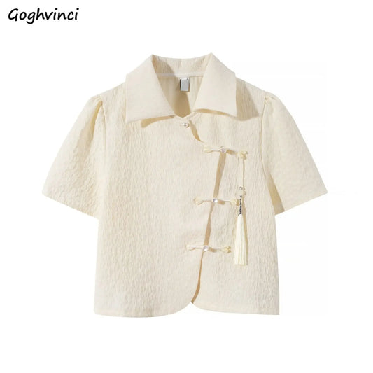 Chinese Style Shirts Women Buckles Apricot Short Sleeve Turn Down Collar Vintage Elegant Ladies Streetwear Stylish Chic Crop Top