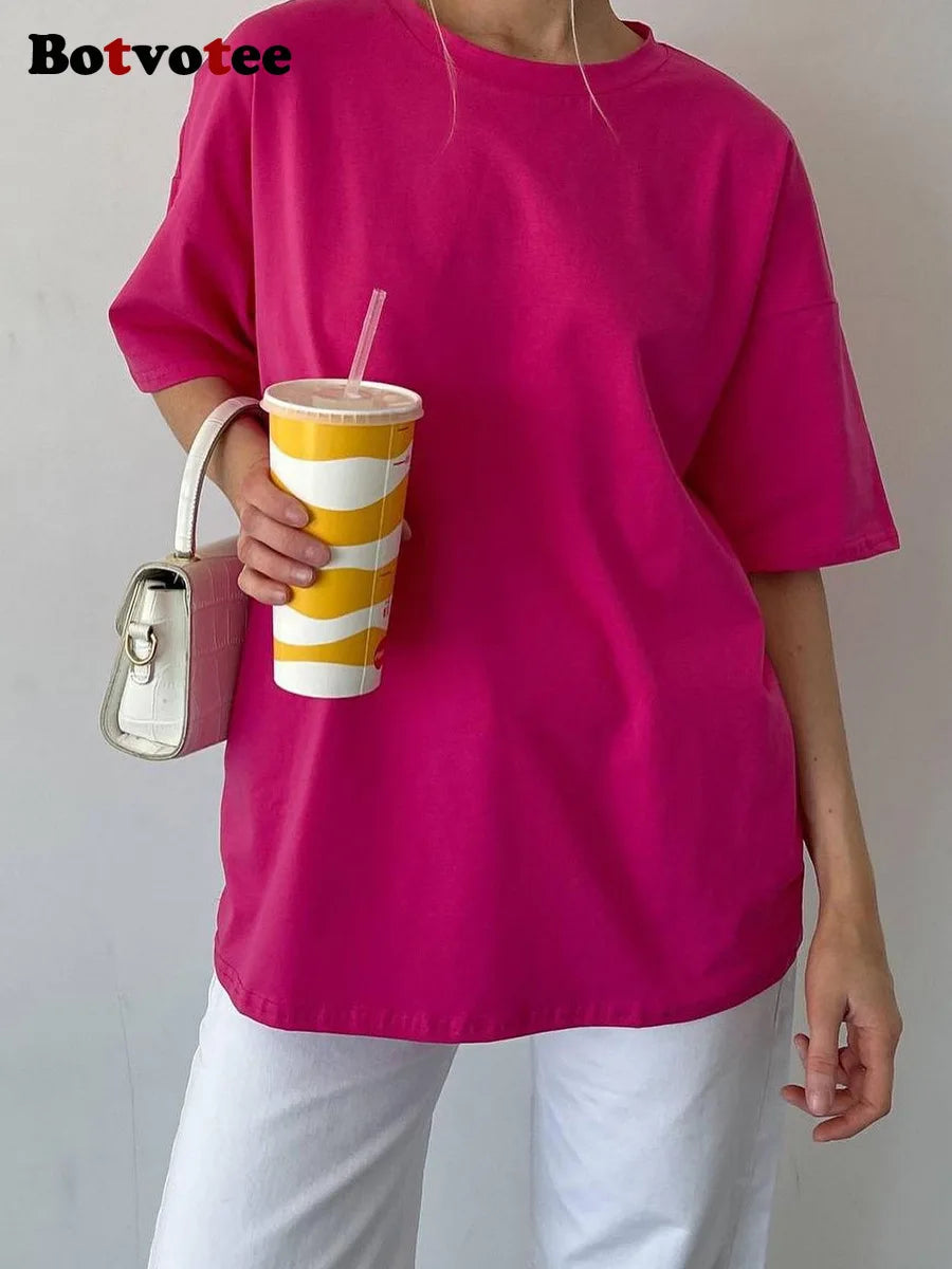 Botvotee 21 Colors Ins Fashion Summer Oversized Basic Soild T Shirts for Women 100% Cotton White Black Pink T-shirt Casual Tops