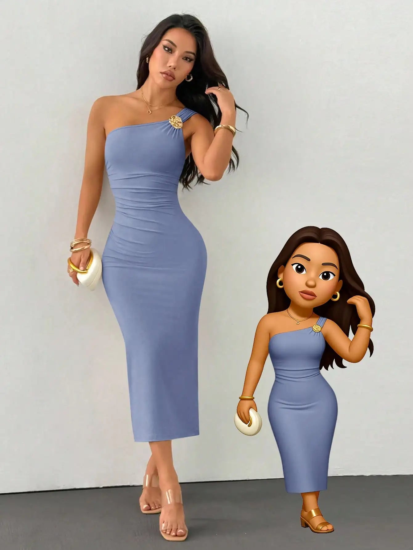 One Shoulder Ruched Fishtail Dress With Gold Brooch Asymmetric Neck Party Dress