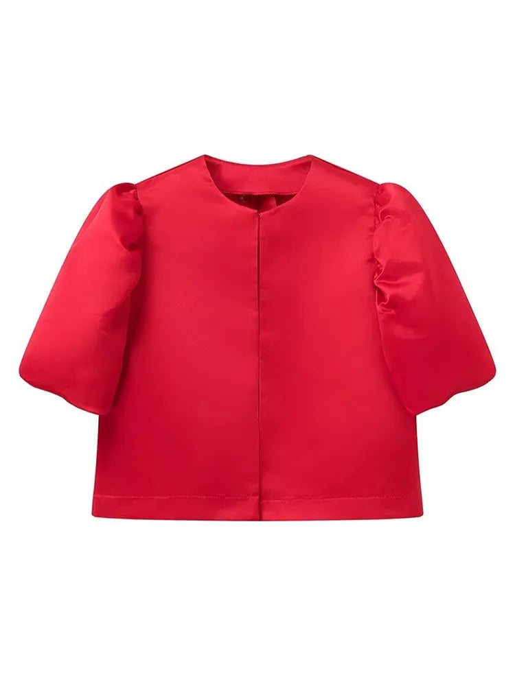 Spring Summer New Women's Fashion Casual Shirt Satin Bubble Sleeves Round Neck Loose Short Top Female Elegant Solid Blouses