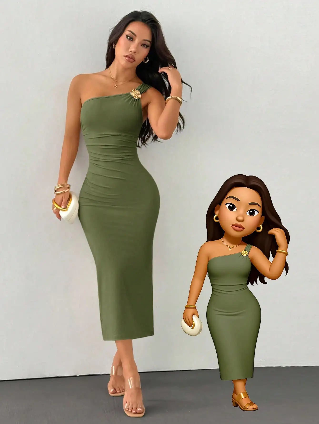 One Shoulder Ruched Fishtail Dress With Gold Brooch Asymmetric Neck Party Dress