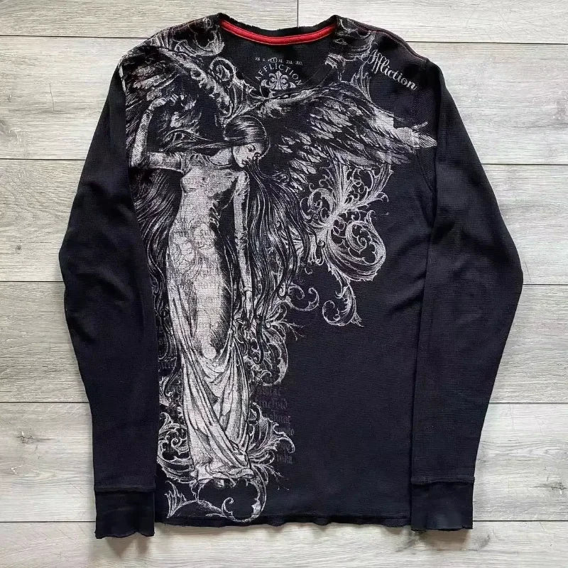 Affliction Long sleeves T Shirts 90s Womens Graphic Print Oversized T Shirt  New Harajuku Gothic Round Neck Cotton Casual Tops