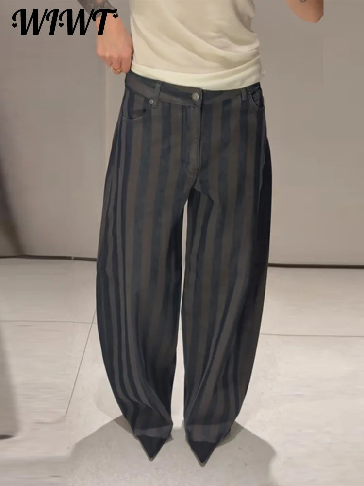 Female Striped Casual Trousers Women's Loose Oversized Wide Leg Jeans Long Pants 2026 Spring New Ladies High Street Outwear