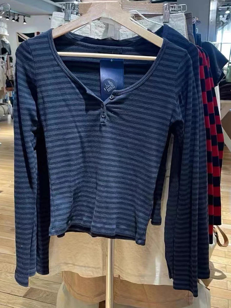 Pink Striped Slim Long Sleeve Tees Women Spring Casual Cotton O-neck Tshirt New Tops Clothes Sweet Cute  Vintage T-shirts Y2K