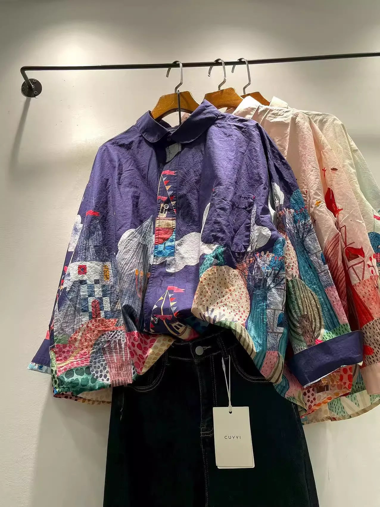 Bust 118cm original design pure cotton oversized shirts for women autumnJapan fashion cartoon print shirts long sleeve blouses