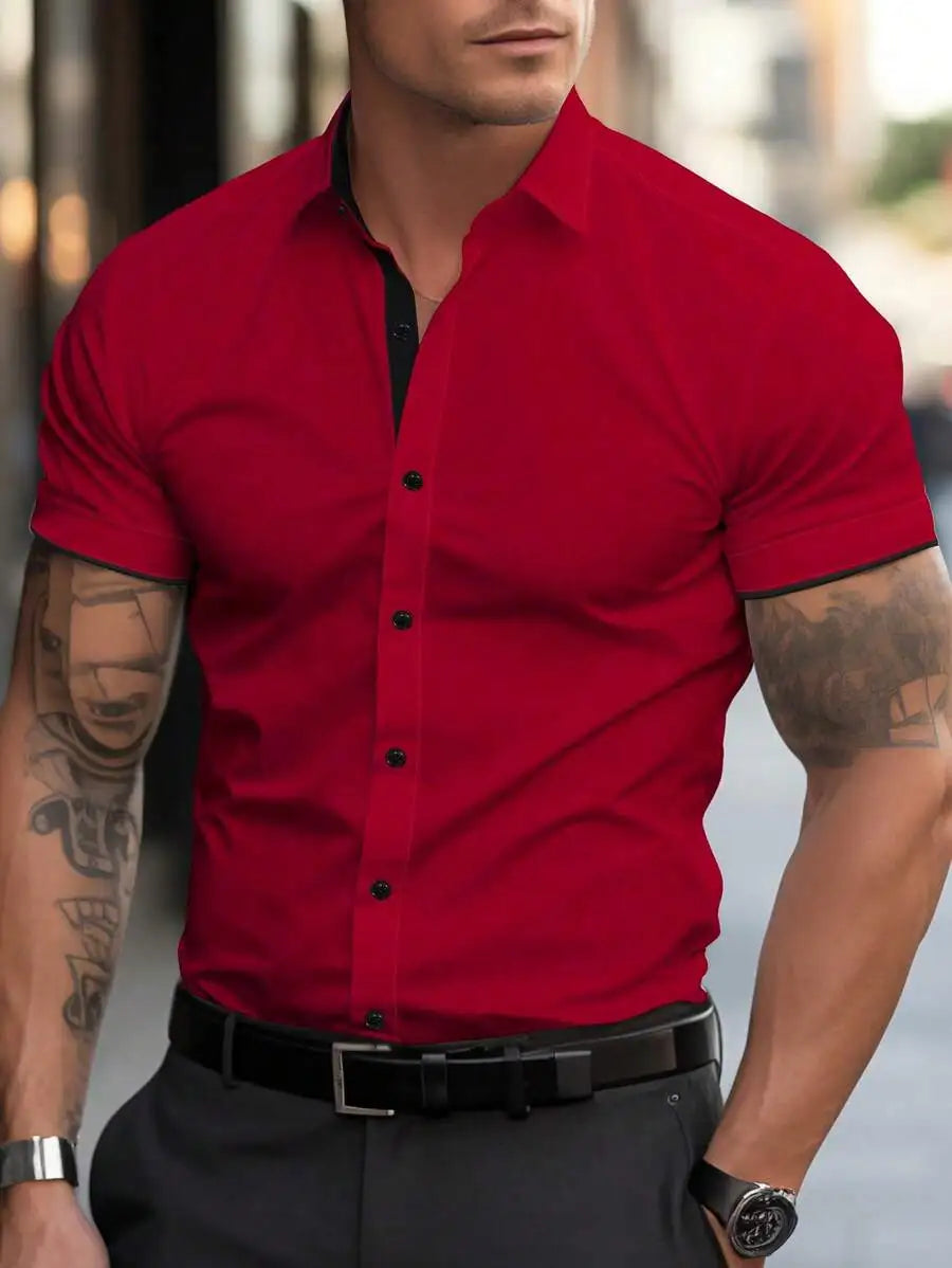 Men's White Short Sleeve Casual Shirt with Black Trim Collar and Cuffs